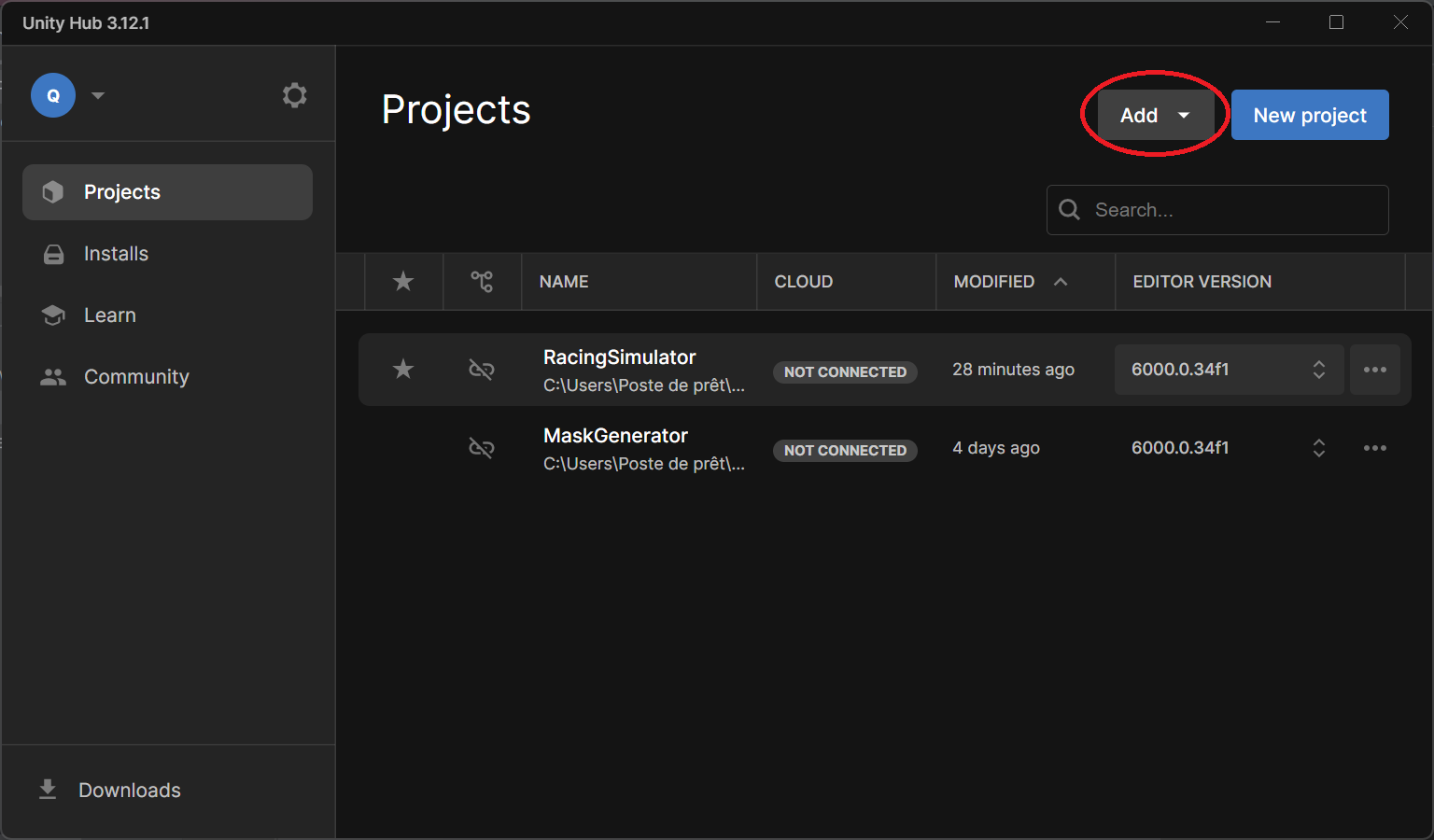 Add project in Unity Hub